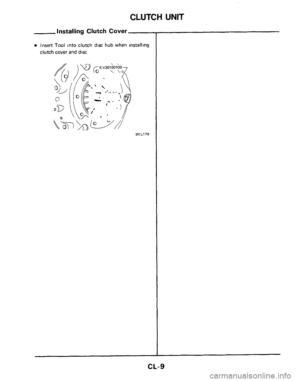 NISSAN 300ZX 1984 Z31 Clutch Workshop Manual CLUTCH UNIT 
Installing Clutch Cover 
Insert Tool into clutch  disc hub when  installing 
clutch  cover and dlsc 
SCL170 
CL-9  
