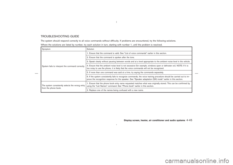 NISSAN 370Z 2009 Owners Manual Symptom Solution
System fails to interpret the command correctly.1. Ensure that the command is valid. See “List of voice commands” earlier in this section.
2. Ensure that the command is spoken aft NISSAN 370Z 2009 Owners Manual Symptom Solution
System fails to interpret the command correctly.1. Ensure that the command is valid. See “List of voice commands” earlier in this section.
2. Ensure that the command is spoken aft