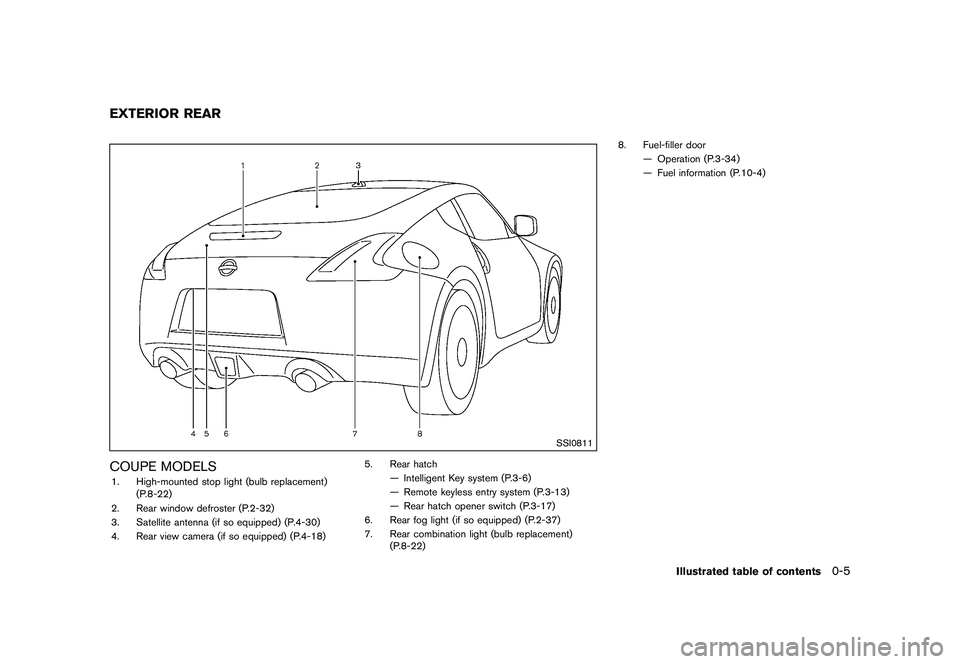 NISSAN 370Z 2017  Owners Manual .Right after inflation, several side air
bags and curtain air bag system
components will be hot. Do not
touch them; you may severely burn
yourself.
. No unauthorized changes should be
made to any comp
