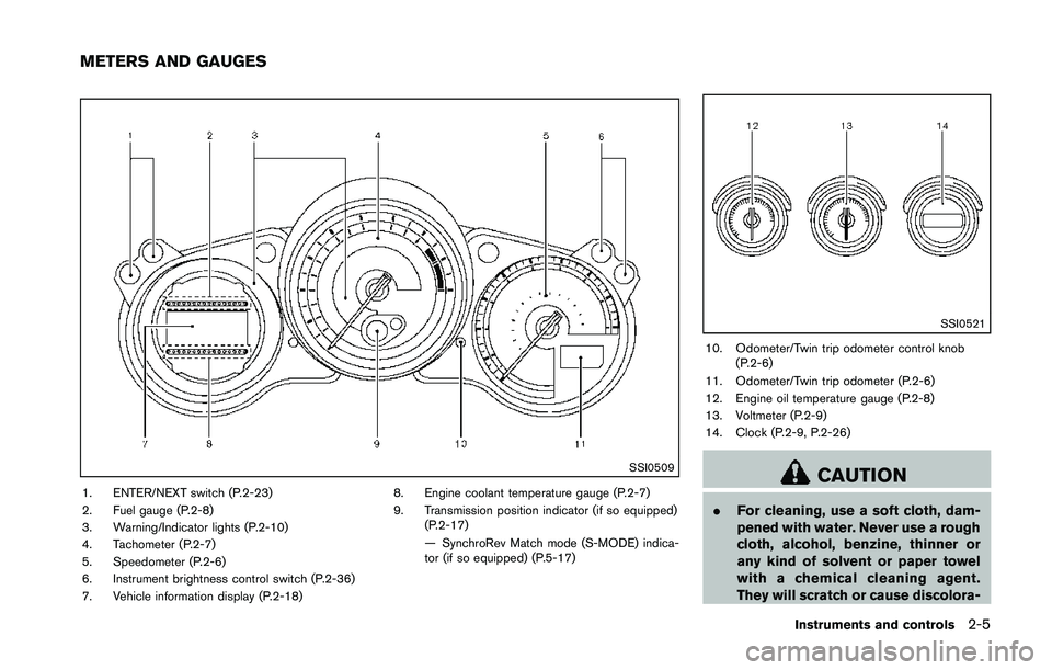 NISSAN 370Z 2014  Owners Manual SSI0509
1. ENTER/NEXT switch (P.2-23)
2. Fuel gauge (P.2-8)
3. Warning/Indicator lights (P.2-10)
4. Tachometer (P.2-7)
5. Speedometer (P.2-6)
6. Instrument brightness control switch (P.2-36)
7. Vehicl