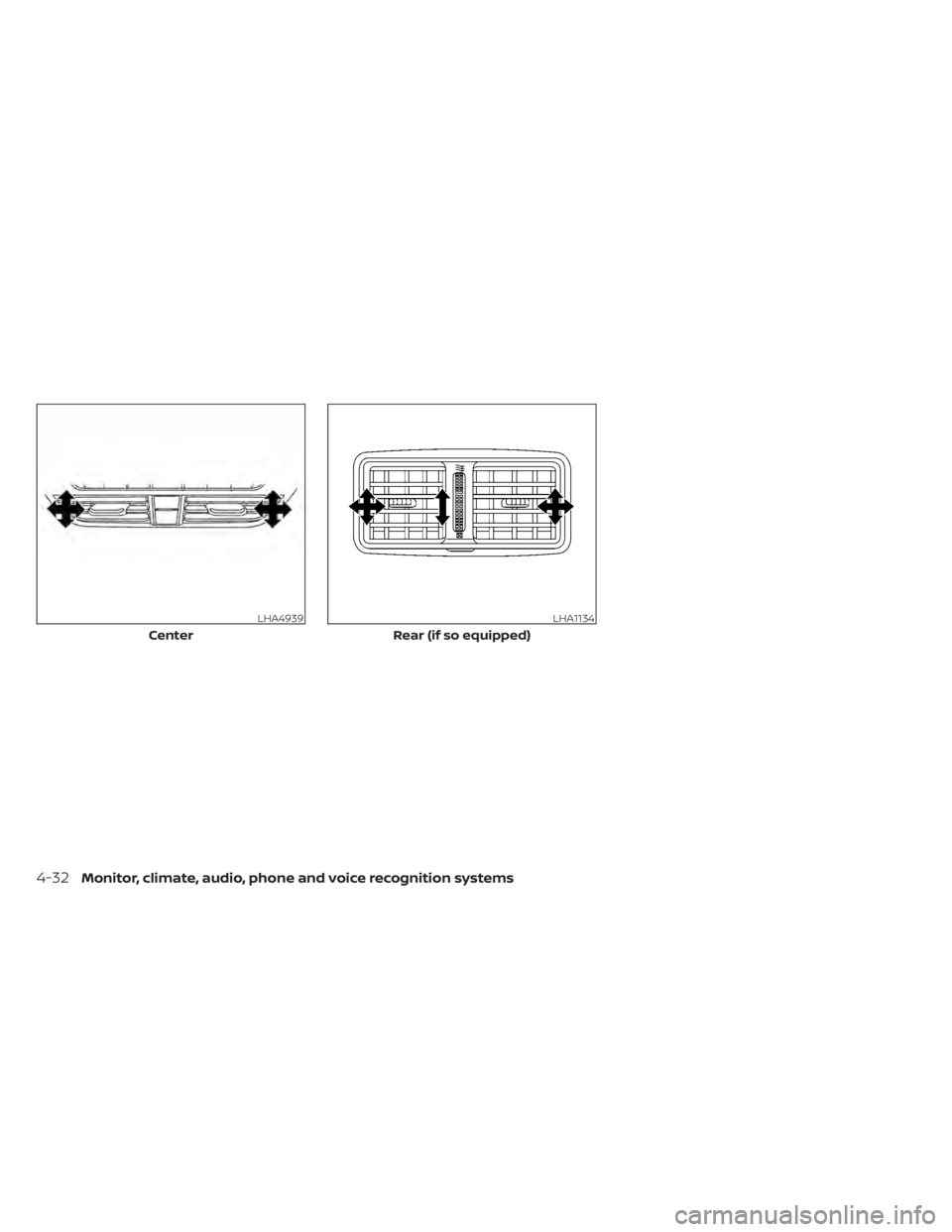 NISSAN ALTIMA 2023  Owners Manual LHA4939
Center
LHA1134
Rear (if so equipped)
4-32Monitor, climate, audio, phone and voice recognition systems 
