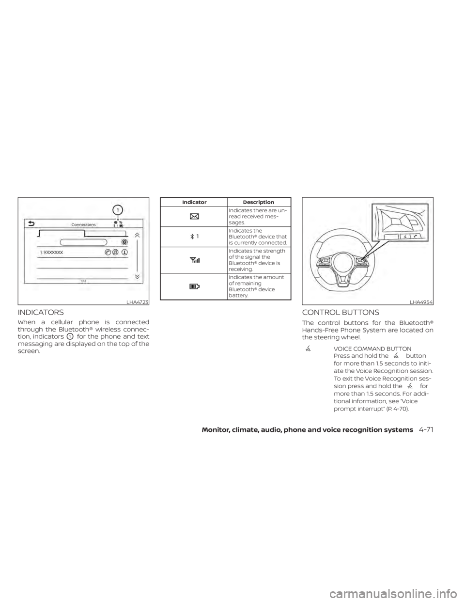 NISSAN ALTIMA 2023  Owners Manual INDICATORS
When a cellular phone is connected
through the Bluetooth® wireless connec-
tion, indicators
O1for the phone and text
messaging are displayed on the top of the
screen.
Indicator Description