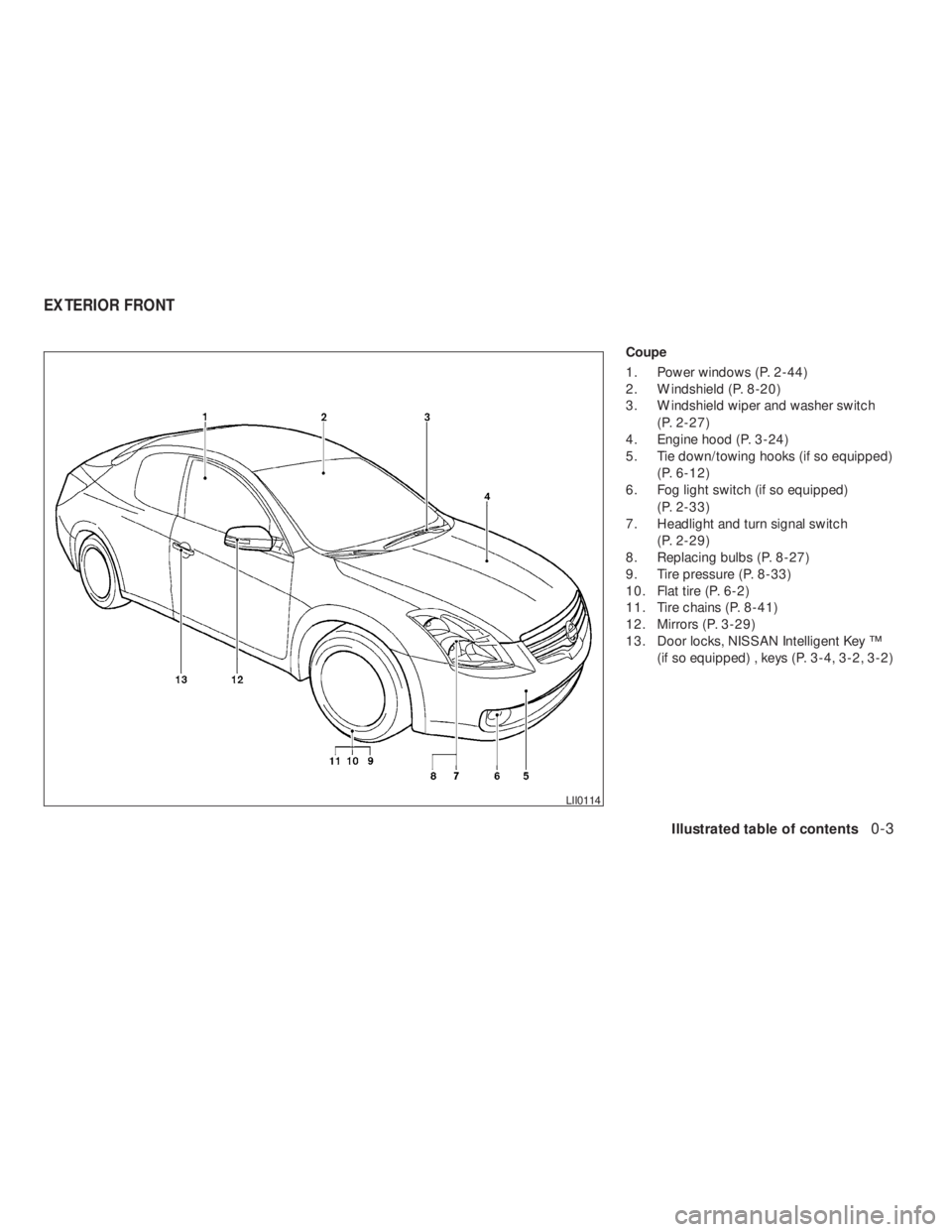 NISSAN ALTIMA COUPE 2008  Owners Manual Illustrated table of contents0-3
REVIEW COPY—2009 Altima(alt)
Owners Manual—USA_English(nna)
09/08/08—debbie
 