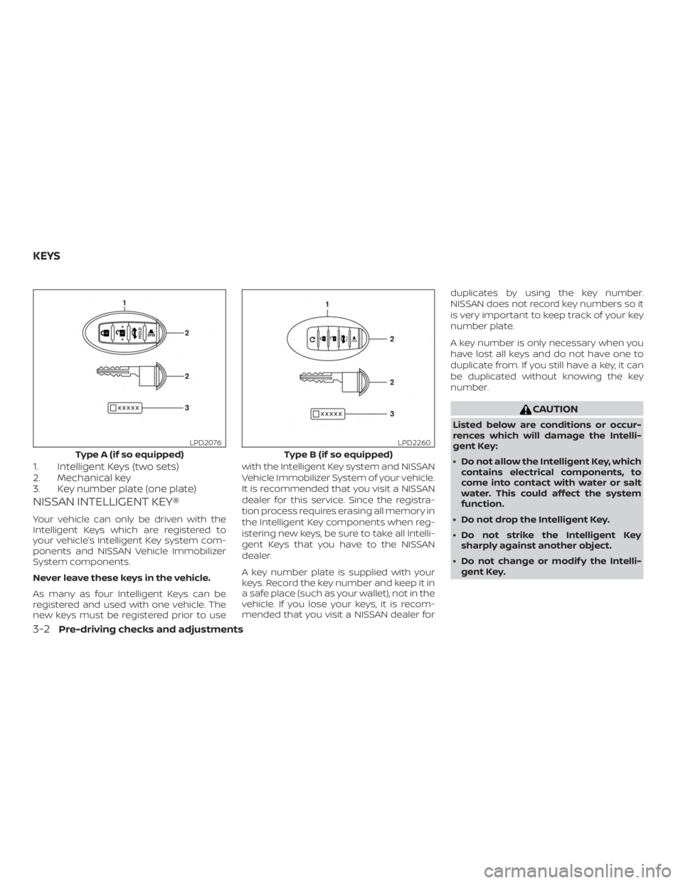 NISSAN ALTIMA SV 2018  Owners Manual 1. Intelligent Keys (two sets)
2. Mechanical key
3. Key number plate (one plate)
NISSAN INTELLIGENT KEY®
Your vehicle can only be driven with the
Intelligent Keys which are registered to
your vehicle