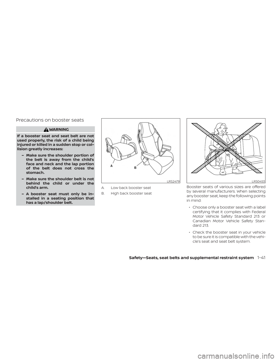 NISSAN ALTIMA SV 2018  Owners Manual Precautions on booster seats 