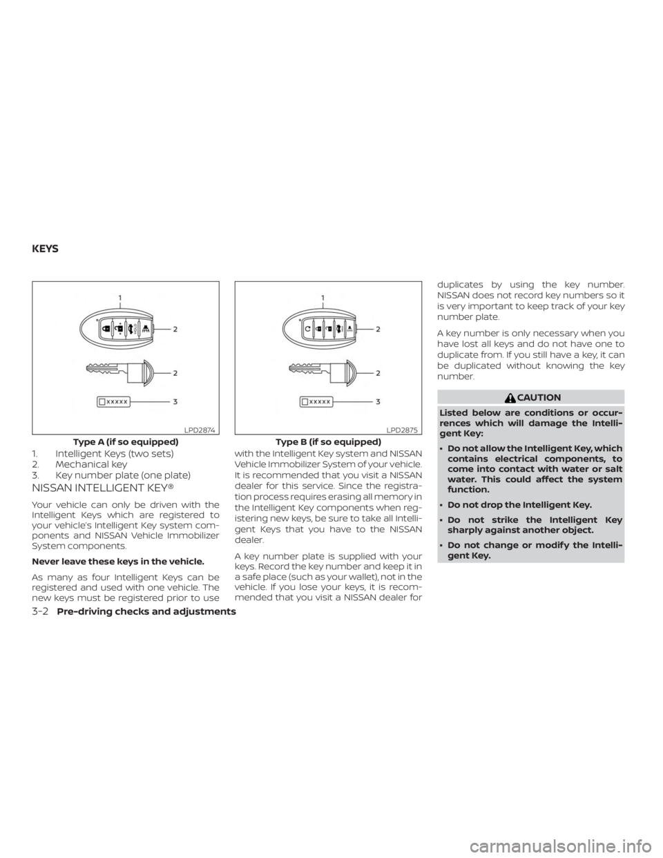 NISSAN ALTIMA SL 2019  Owners Manual 1. Intelligent Keys (two sets)
2. Mechanical key
3. Key number plate (one plate)
NISSAN INTELLIGENT KEY®
Your vehicle can only be driven with the
Intelligent Keys which are registered to
your vehicle