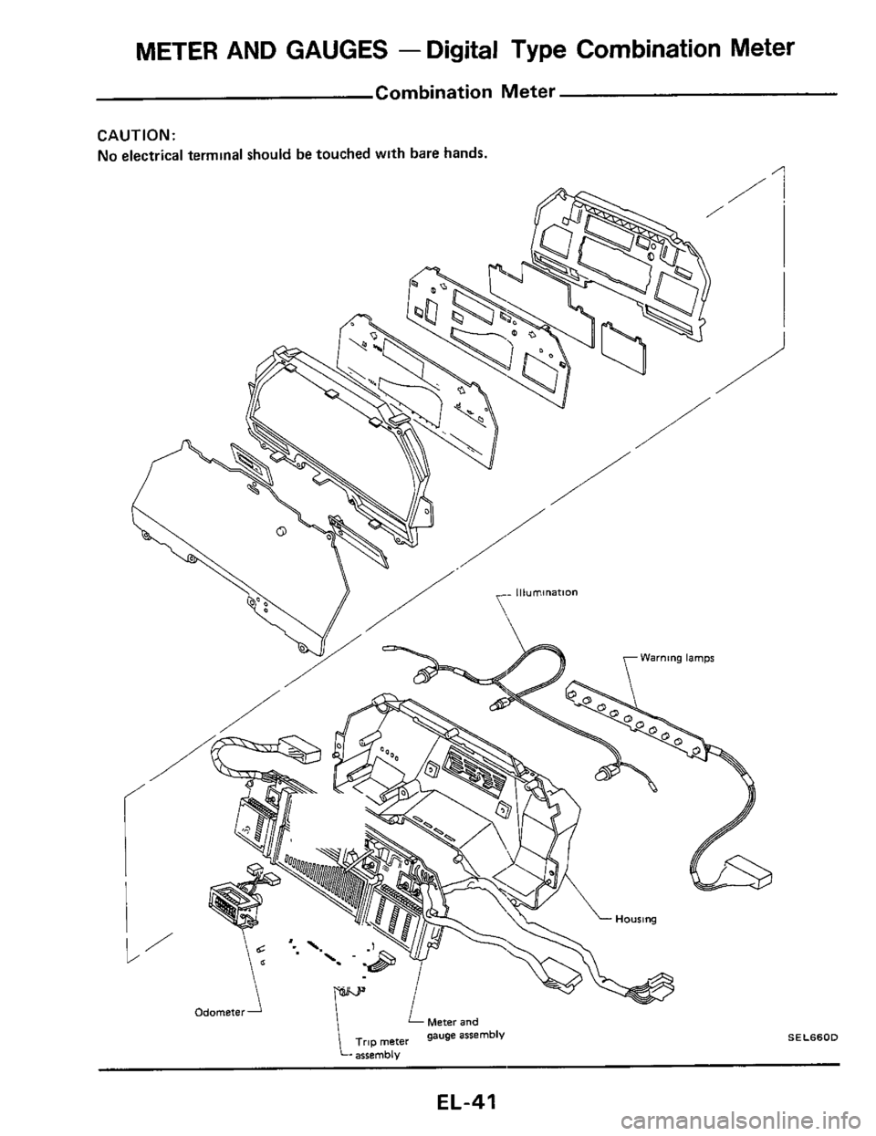 NISSAN 300ZX 1984 Z31 Electrical System Workshop Manual METER AND GAUGES - Digital  Type  Combination  Meter 
combination  Meter 
CAUTION: 
No  electrical terminal  should be touched  wlth bare hands. 
EL-41  