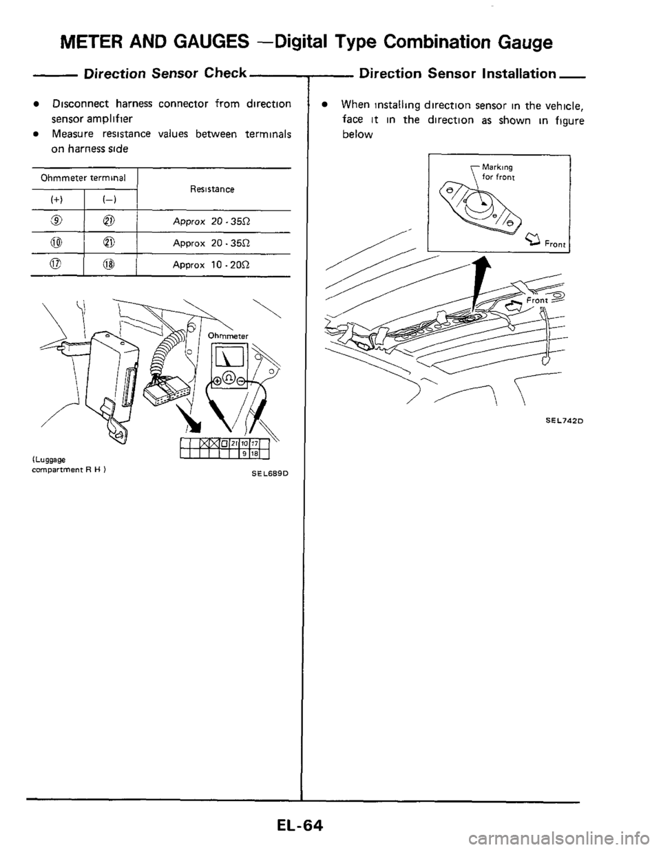 NISSAN 300ZX 1984 Z31 Electrical System Workshop Manual METER AND GAUGES  -Digital Type Combination  Gauge 
@ Io 
Direction  Sensor Check 
Disconnect  harness connector  from direction 
Measure  resistance  values between  terminals 
sensor amplifier 
on  