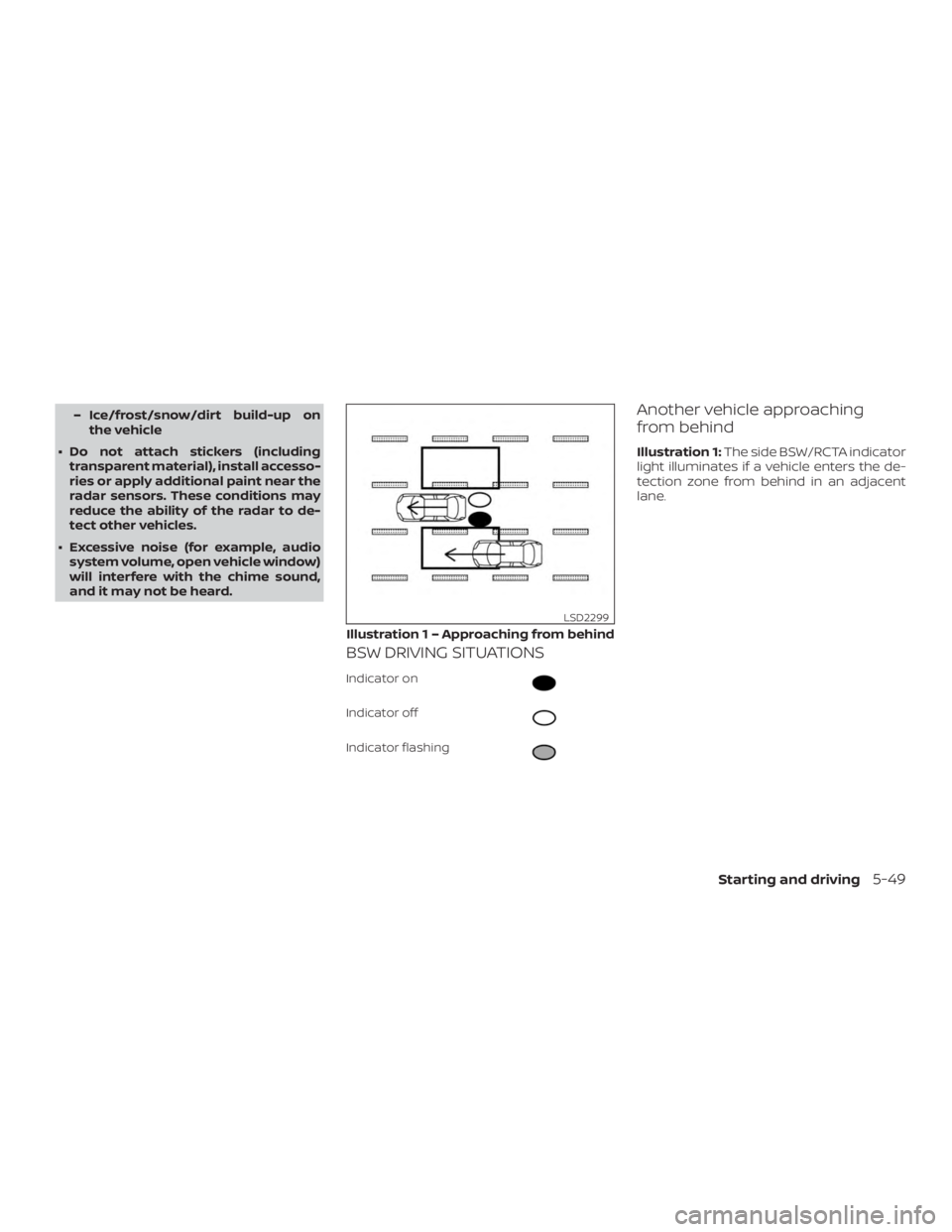 NISSAN ALTIMA 2022  Owners Manual – Ice/frost/snow/dirt build-up onthe vehicle
∙ Do not attach stickers (including transparent material), install accesso-
ries or apply additional paint near the
radar sensors. These conditions may