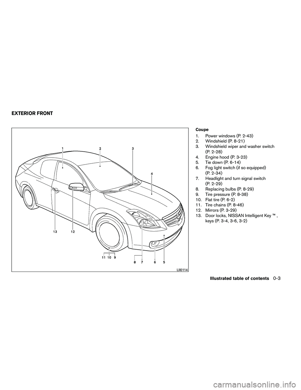 NISSAN ALTIMA 2012  Owners Manual Coupe
1. Power windows (P. 2-43)
2. Windshield (P. 8-21)
3. Windshield wiper and washer switch(P. 2-28)
4. Engine hood (P. 3-23)
5. Tie down (P. 6-14)
6. Fog light switch (if so equipped)
(P. 2-34)
7.