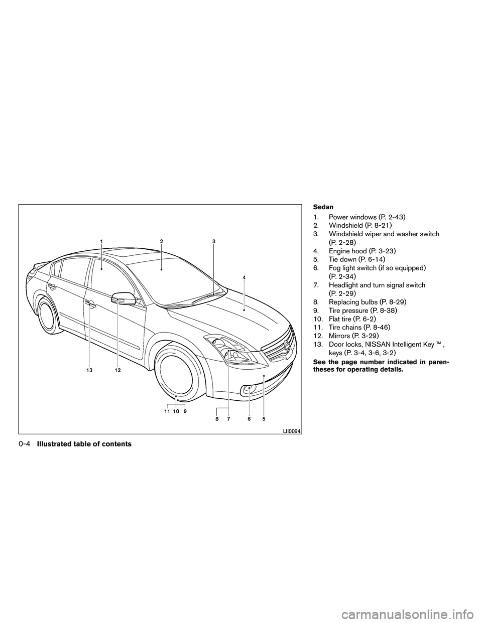 NISSAN ALTIMA 2012  Owners Manual Sedan
1. Power windows (P. 2-43)
2. Windshield (P. 8-21)
3. Windshield wiper and washer switch(P. 2-28)
4. Engine hood (P. 3-23)
5. Tie down (P. 6-14)
6. Fog light switch (if so equipped)
(P. 2-34)
7.