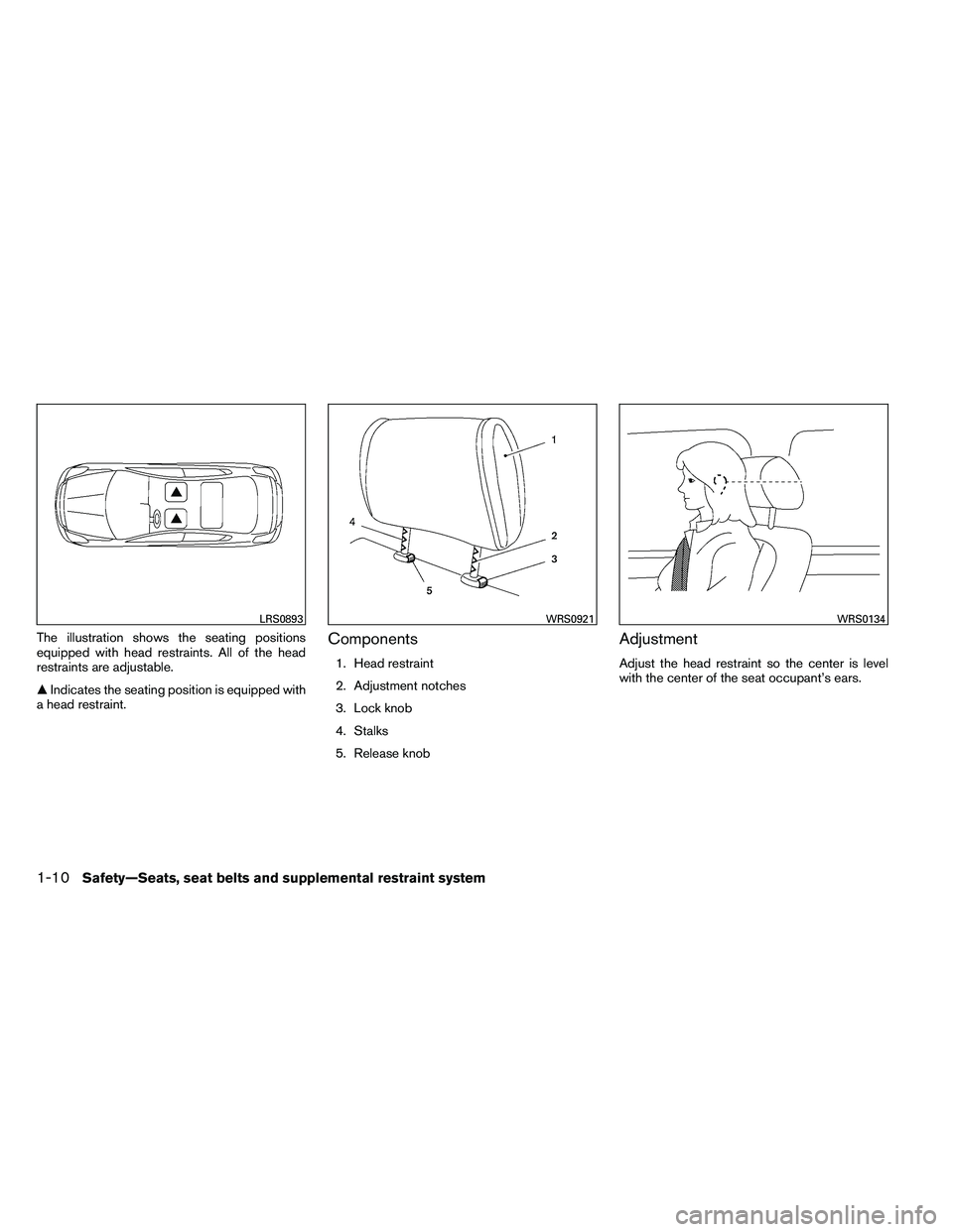 NISSAN ALTIMA 2012  Owners Manual The illustration shows the seating positions
equipped with head restraints. All of the head
restraints are adjustable.
Indicates the seating position is equipped with
a head restraint.Components
1. H