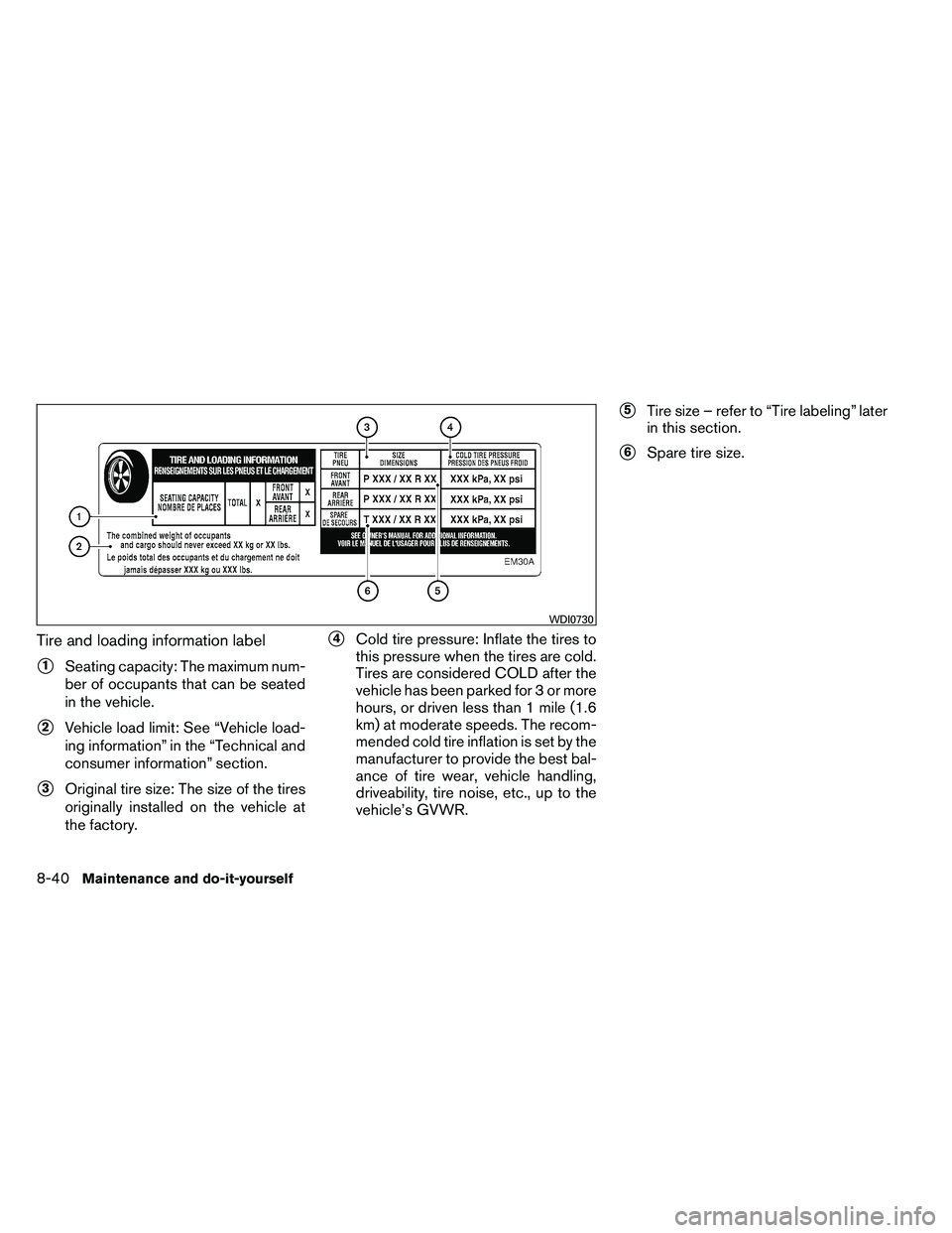 NISSAN ALTIMA 2012  Owners Manual Tire and loading information label
1Seating capacity: The maximum num-
ber of occupants that can be seated
in the vehicle.
2Vehicle load limit: See “Vehicle load-
ing information” in the “Tech