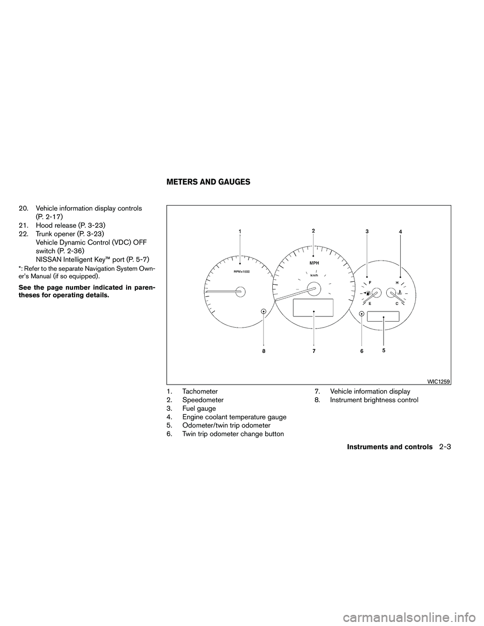 NISSAN ALTIMA 2012  Owners Manual 20. Vehicle information display controls(P. 2-17)
21. Hood release (P. 3-23)
22. Trunk opener (P. 3-23) Vehicle Dynamic Control (VDC) OFF
switch (P. 2-36)
NISSAN Intelligent Key™ port (P. 5-7)
*: Re