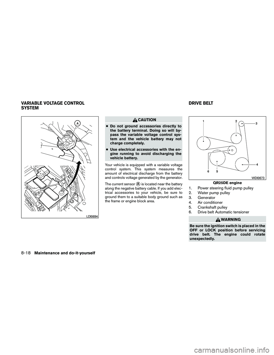 NISSAN ALTIMA 2011  Owners Manual CAUTION
●Do not ground accessories directly to
the battery terminal. Doing so will by-
pass the variable voltage control sys-
tem and the vehicle battery may not
charge completely.
● Use electrica