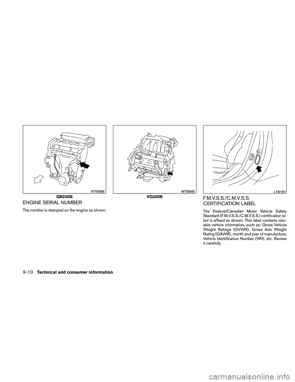 NISSAN ALTIMA 2011  Owners Manual ENGINE SERIAL NUMBER
The number is stamped on the engine as shown.
F.M.V.S.S./C.M.V.S.S.
CERTIFICATION LABEL
The Federal/Canadian Motor Vehicle Safety
Standard (F.M.V.S.S./C.M.V.S.S.) certification la