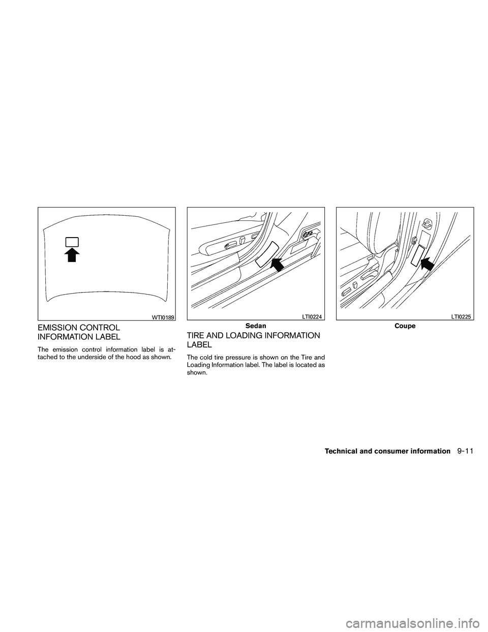 NISSAN ALTIMA 2011  Owners Manual EMISSION CONTROL
INFORMATION LABEL
The emission control information label is at-
tached to the underside of the hood as shown.
TIRE AND LOADING INFORMATION
LABEL
The cold tire pressure is shown on the