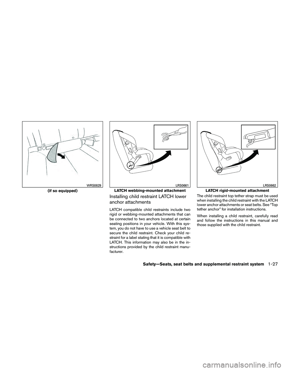 NISSAN ALTIMA 2010  Owners Manual Installing child restraint LATCH lower
anchor attachments
LATCH compatible child restraints include two
rigid or webbing-mounted attachments that can
be connected to two anchors located at certain
sea