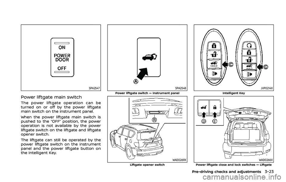 NISSAN ARMADA 2023  Owners Manual SPA2547
Power liftgate main switch
The power liftgate operation can be
turned on or off by the power liftgate
main switch on the instrument panel.
When the power liftgate main switch is
pushed to the 