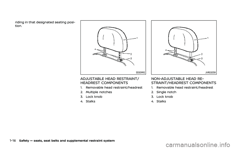 NISSAN ARMADA 2023  Owners Manual 1-16Safety — seats, seat belts and supplemental restraint system
riding in that designated seating posi-
tion.
SSS0992
ADJUSTABLE HEAD RESTRAINT/
HEADREST COMPONENTS
1. Removable head restraint/head