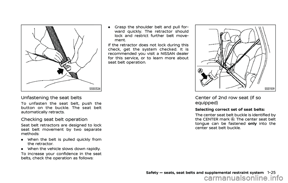 NISSAN ARMADA 2023  Owners Manual SSS0326
Unfastening the seat belts
To unfasten the seat belt, push the
button on the buckle. The seat belt
automatically retracts.
Checking seat belt operation
Seat belt retractors are designed to loc