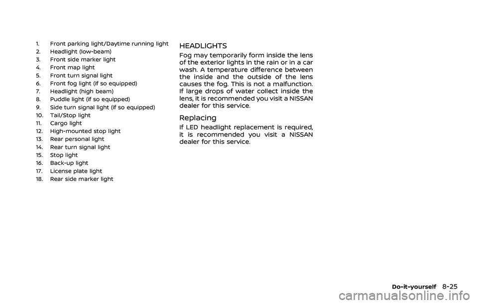 NISSAN ARMADA 2023  Owners Manual 1. Front parking light/Daytime running light
2. Headlight (low-beam)
3. Front side marker light
4. Front map light
5. Front turn signal light
6. Front fog light (if so equipped)
7. Headlight (high bea