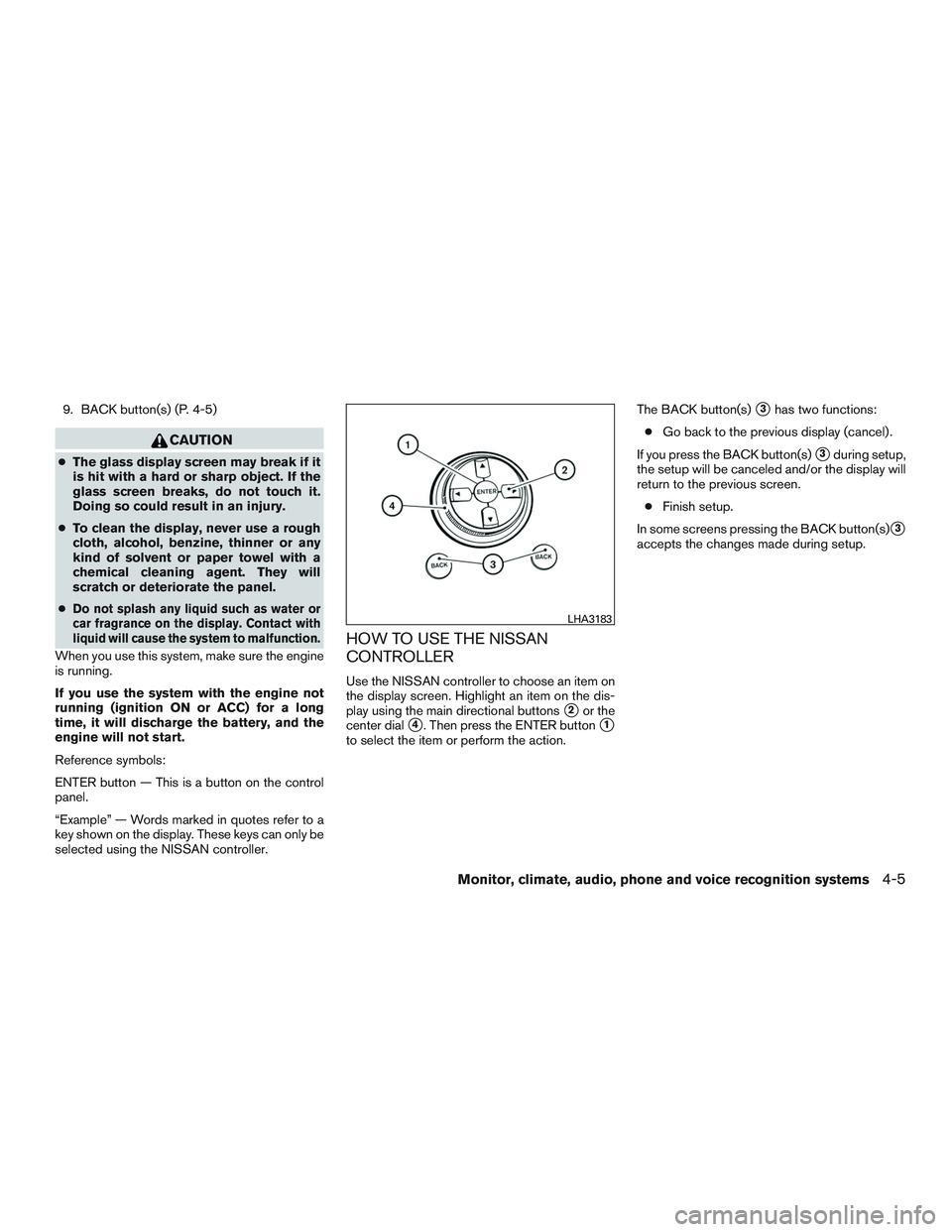 NISSAN ARMADA PLATINUM 2015  Owners Manual 9. BACK button(s) (P. 4-5) 