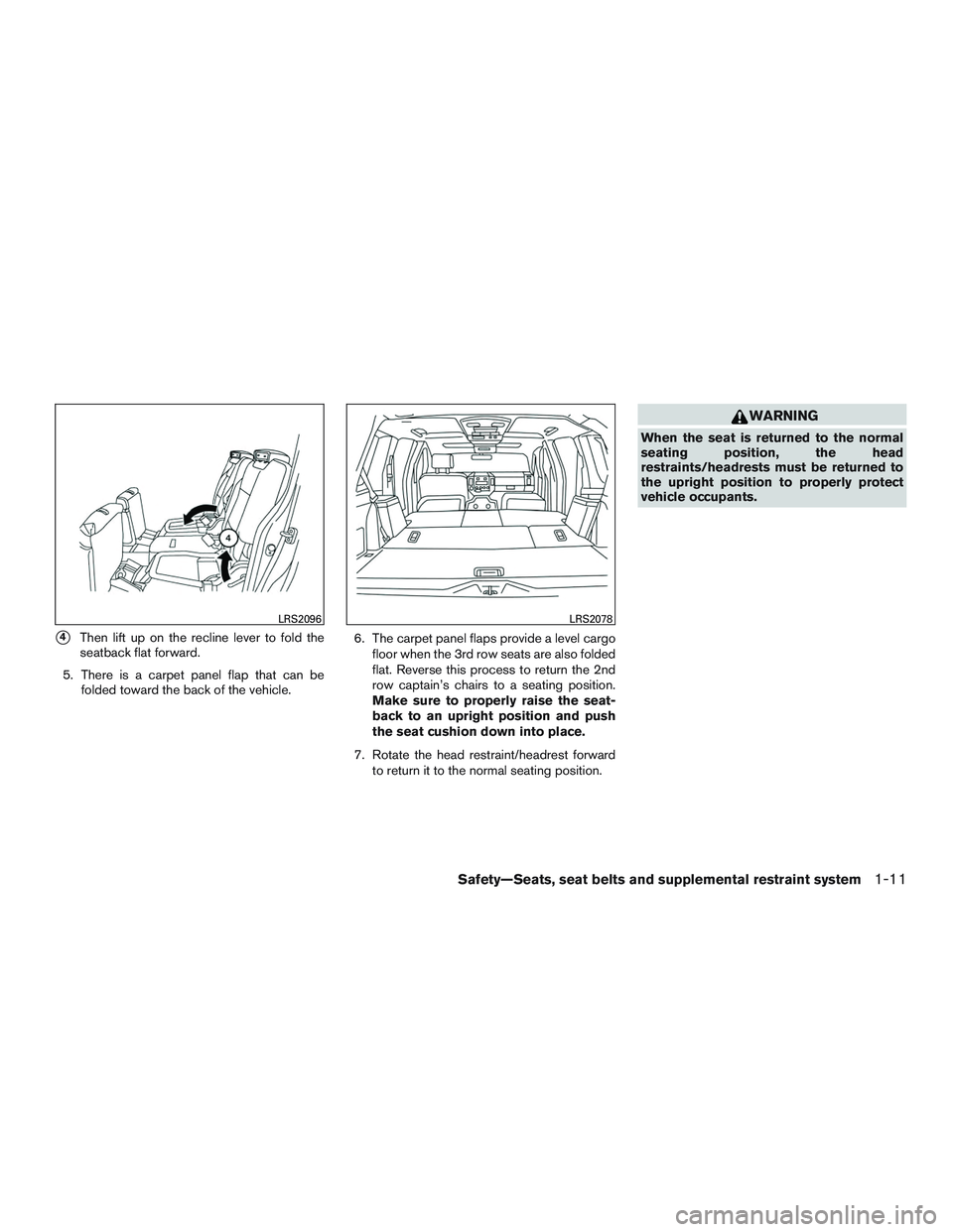 NISSAN ARMADA PLATINUM 2015  Owners Manual 4Then lift up on the recline lever to fold the
seatback flat forward.
5. There is a carpet panel flap that can be folded toward the back of the vehicle. 6. The carpet panel flaps provide a level carg