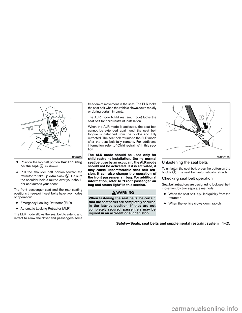 NISSAN ARMADA PLATINUM 2015 Owners Manual 3. Position the lap belt portionlow and snug
on the hips
Bas shown.
4. Pull the shoulder belt portion toward the retractor to take up extra slack
C. Be sure
the shoulder belt is routed over your sho NISSAN ARMADA PLATINUM 2015 Owners Manual 3. Position the lap belt portionlow and snug
on the hips
Bas shown.
4. Pull the shoulder belt portion toward the retractor to take up extra slack
C. Be sure
the shoulder belt is routed over your sho