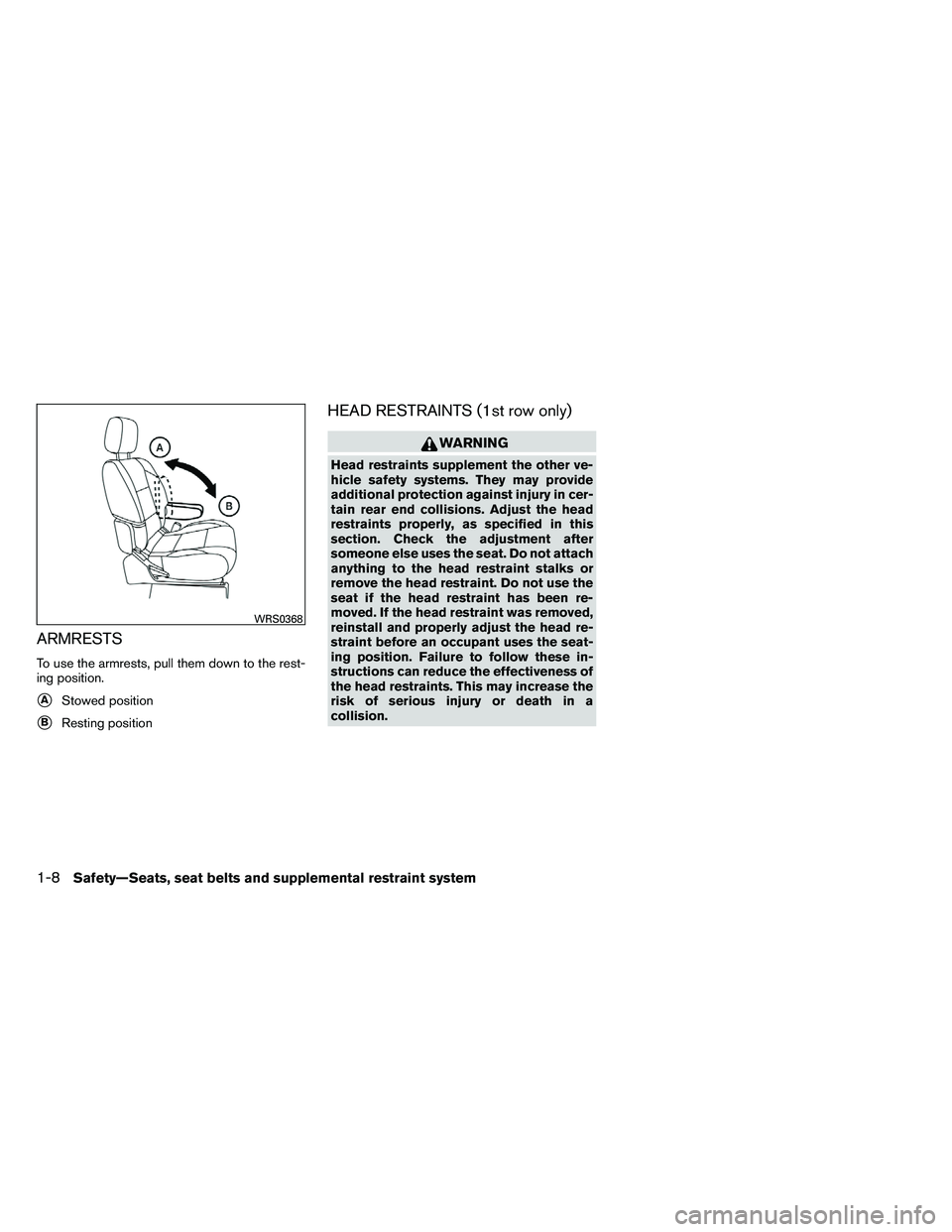 NISSAN ARMADA PLATINUM 2011  Owners Manual ARMRESTS
To use the armrests, pull them down to the rest-
ing position.
AStowed position
BResting position
HEAD RESTRAINTS (1st row only) 