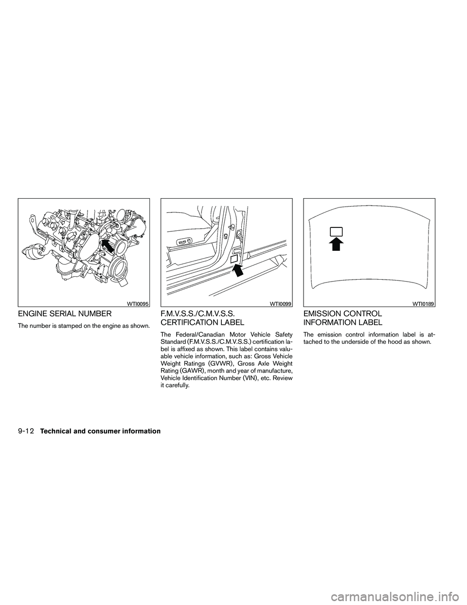 NISSAN ARMADA PLATINUM 2011  Owners Manual ENGINE SERIAL NUMBER
The number is stamped on the engine as shown.
F.M.V.S.S./C.M.V.S.S.
CERTIFICATION LABEL
The Federal/Canadian Motor Vehicle Safety
Standard (F.M.V.S.S./C.M.V.S.S.) certification la