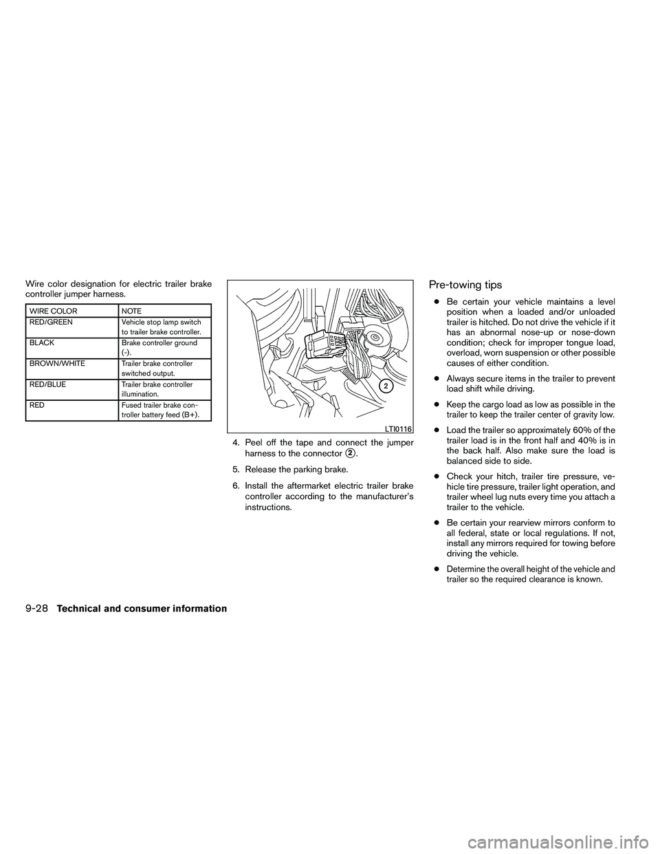 NISSAN ARMADA PLATINUM 2011  Owners Manual Wire color designation for electric trailer brake
controller jumper harness. 