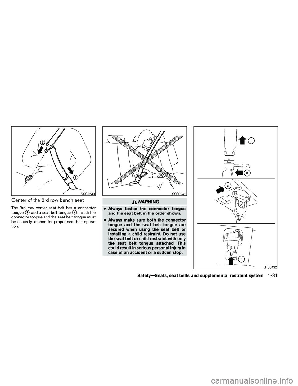 NISSAN ARMADA PLATINUM 2011  Owners Manual Center of the 3rd row bench seat
The 3rd row center seat belt has a connector
tongue
1and a seat belt tongue2. Both the
connector tongue and the seat belt tongue must
be securely latched for proper 