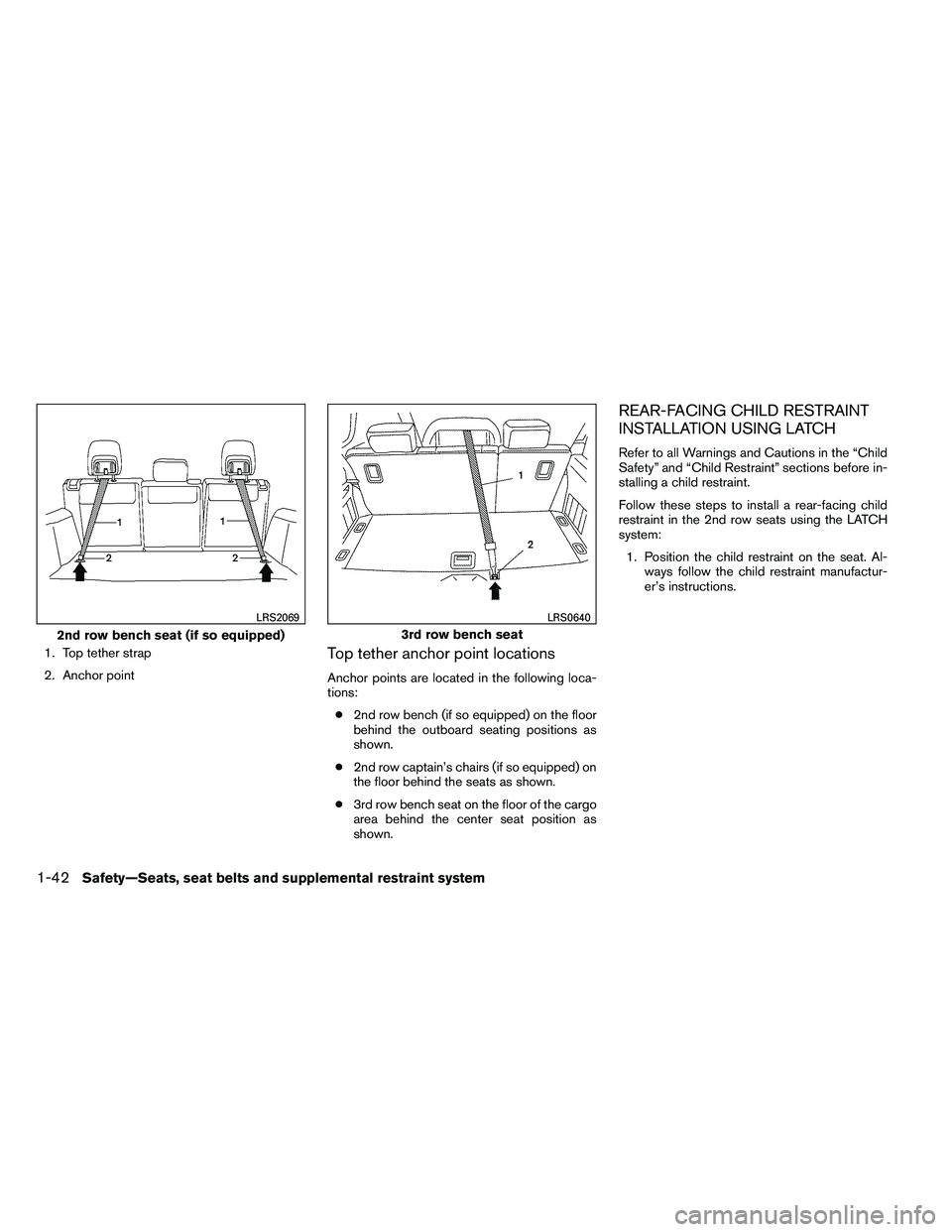 NISSAN ARMADA PLATINUM 2011  Owners Manual 1. Top tether strap
2. Anchor pointTop tether anchor point locations
Anchor points are located in the following loca-
tions:● 2nd row bench (if so equipped) on the floor
behind the outboard seating 