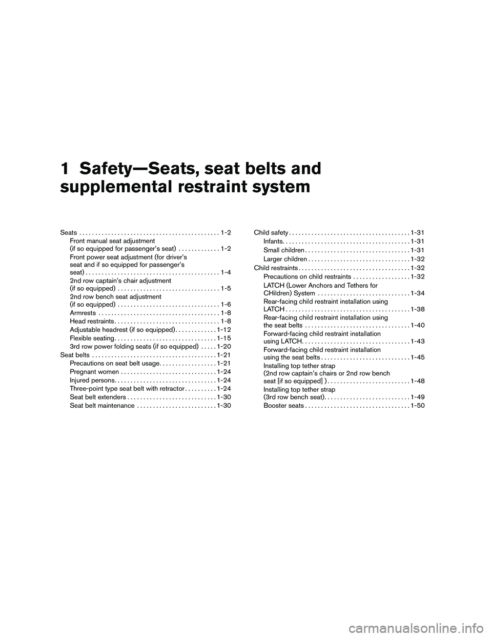 NISSAN ARMADA 2010 Owners Manual 1 Safety—Seats, seat belts and
supplemental restraint system
Seats............................................1-2
Front manual seat adjustment
(if so equipped for passenger’s seat) .............1- NISSAN ARMADA 2010 Owners Manual 1 Safety—Seats, seat belts and
supplemental restraint system
Seats............................................1-2
Front manual seat adjustment
(if so equipped for passenger’s seat) .............1-