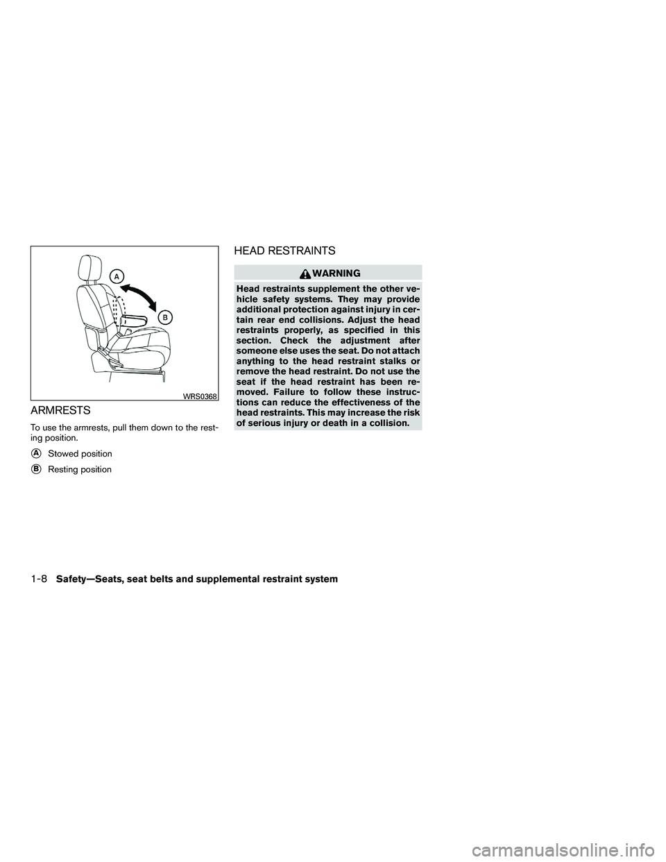 NISSAN ARMADA 2010  Owners Manual ARMRESTS
To use the armrests, pull them down to the rest-
ing position.
AStowed position
BResting position
HEAD RESTRAINTS 