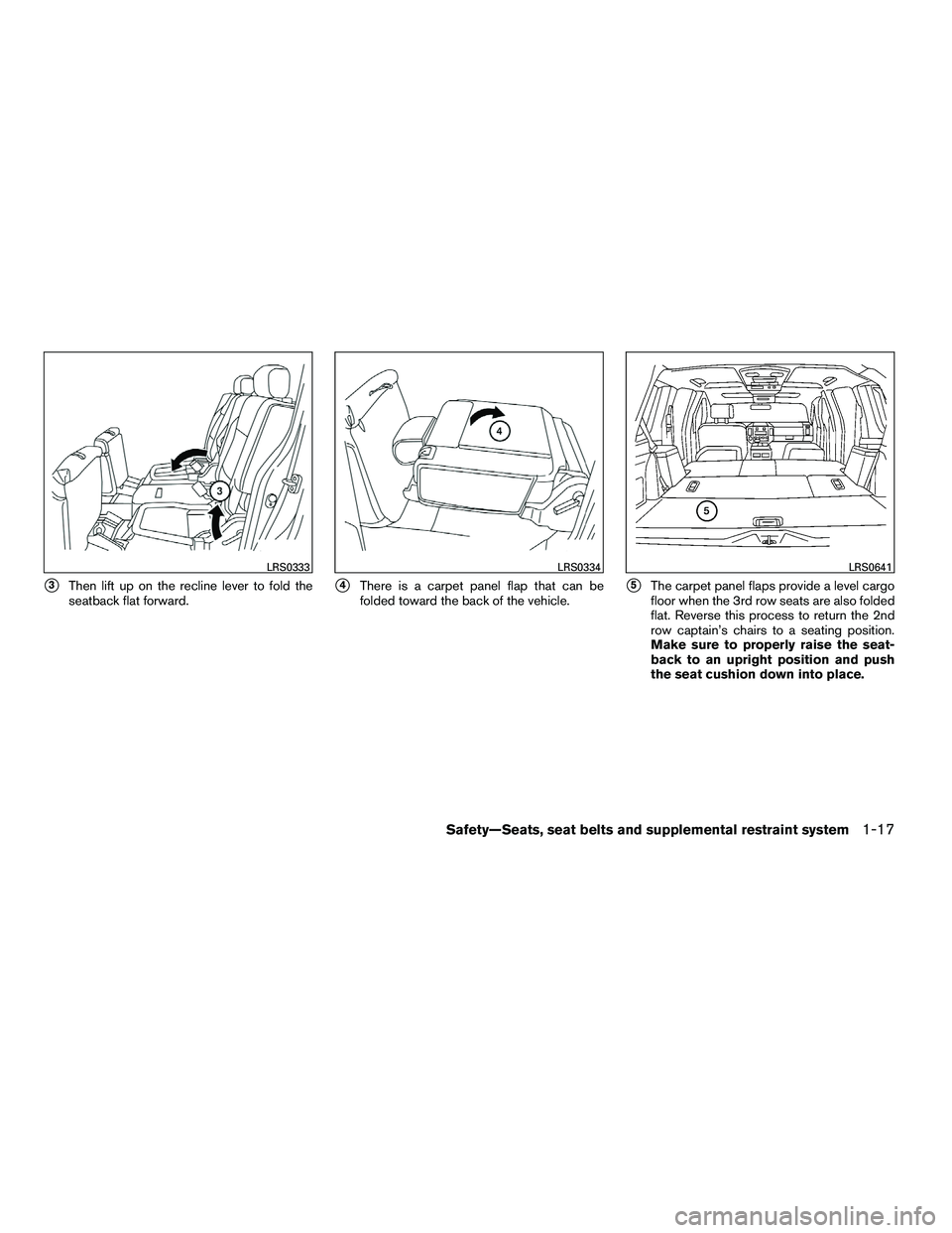 NISSAN ARMADA 2010  Owners Manual 3Then lift up on the recline lever to fold the
seatback flat forward.4There is a carpet panel flap that can be
folded toward the back of the vehicle.5The carpet panel flaps provide a level cargo
fl