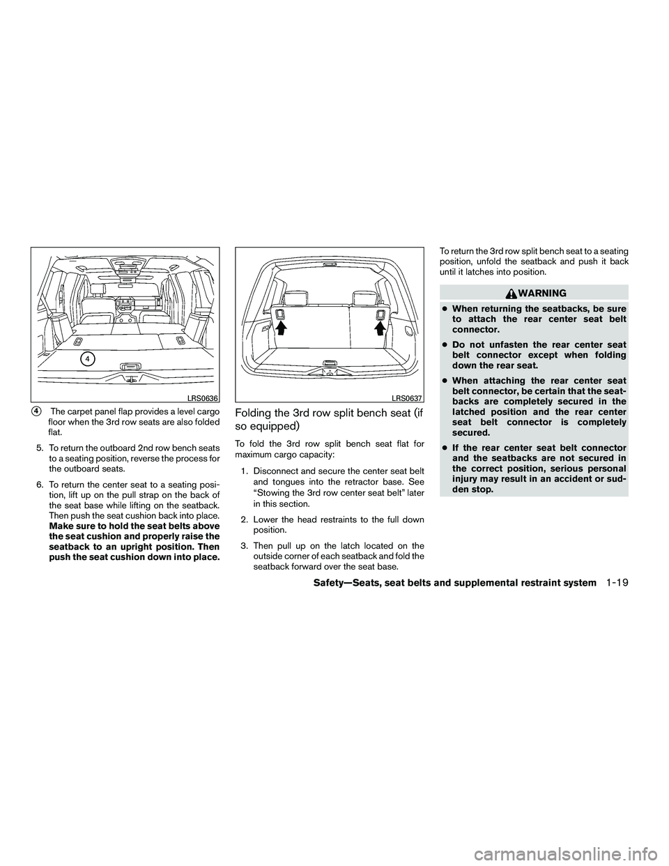 NISSAN ARMADA 2010 Owners Manual 4The carpet panel flap provides a level cargo
floor when the 3rd row seats are also folded
flat.
5. To return the outboard 2nd row bench seats to a seating position, reverse the process for
the outbo NISSAN ARMADA 2010 Owners Manual 4The carpet panel flap provides a level cargo
floor when the 3rd row seats are also folded
flat.
5. To return the outboard 2nd row bench seats to a seating position, reverse the process for
the outbo