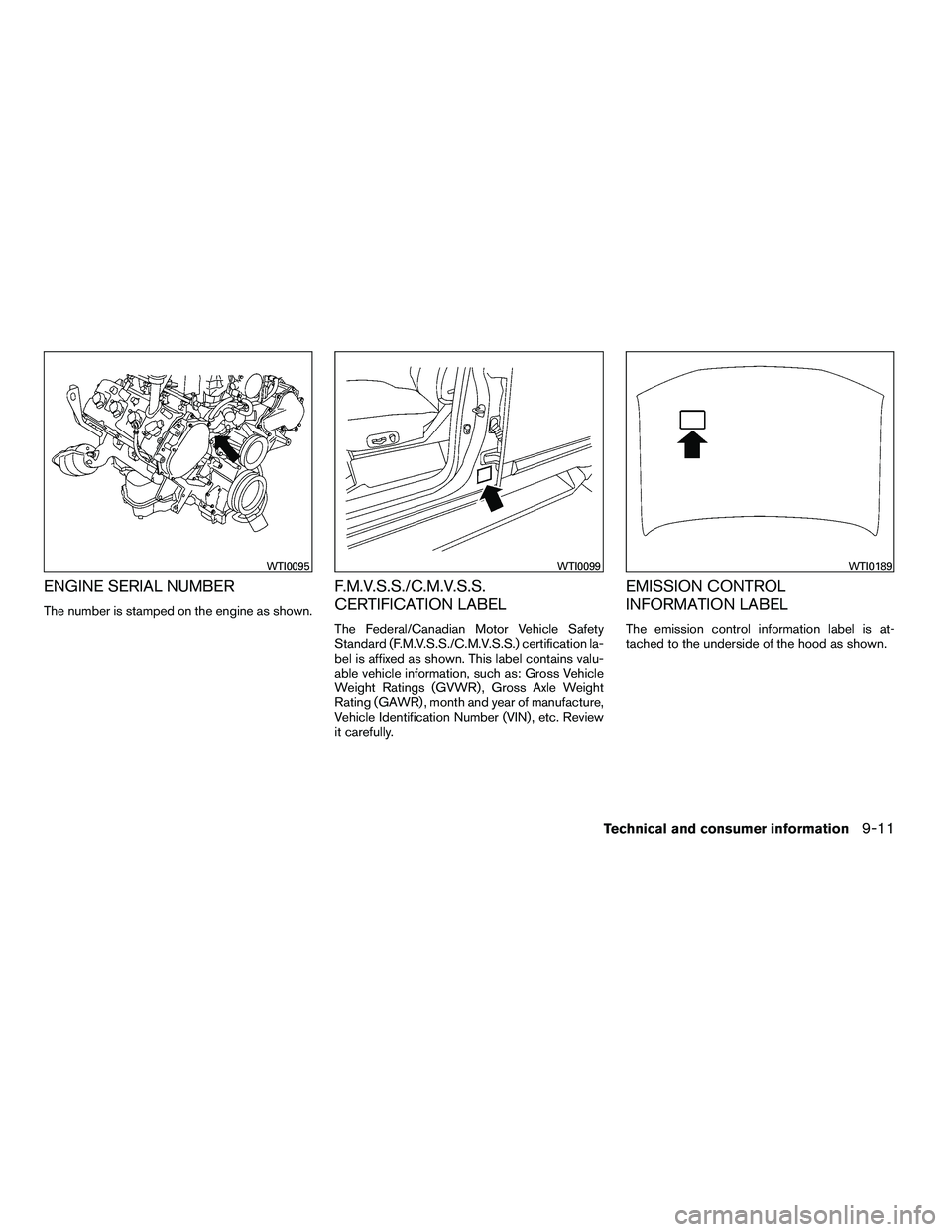 NISSAN ARMADA 2010  Owners Manual ENGINE SERIAL NUMBER
The number is stamped on the engine as shown.
F.M.V.S.S./C.M.V.S.S.
CERTIFICATION LABEL
The Federal/Canadian Motor Vehicle Safety
Standard (F.M.V.S.S./C.M.V.S.S.) certification la