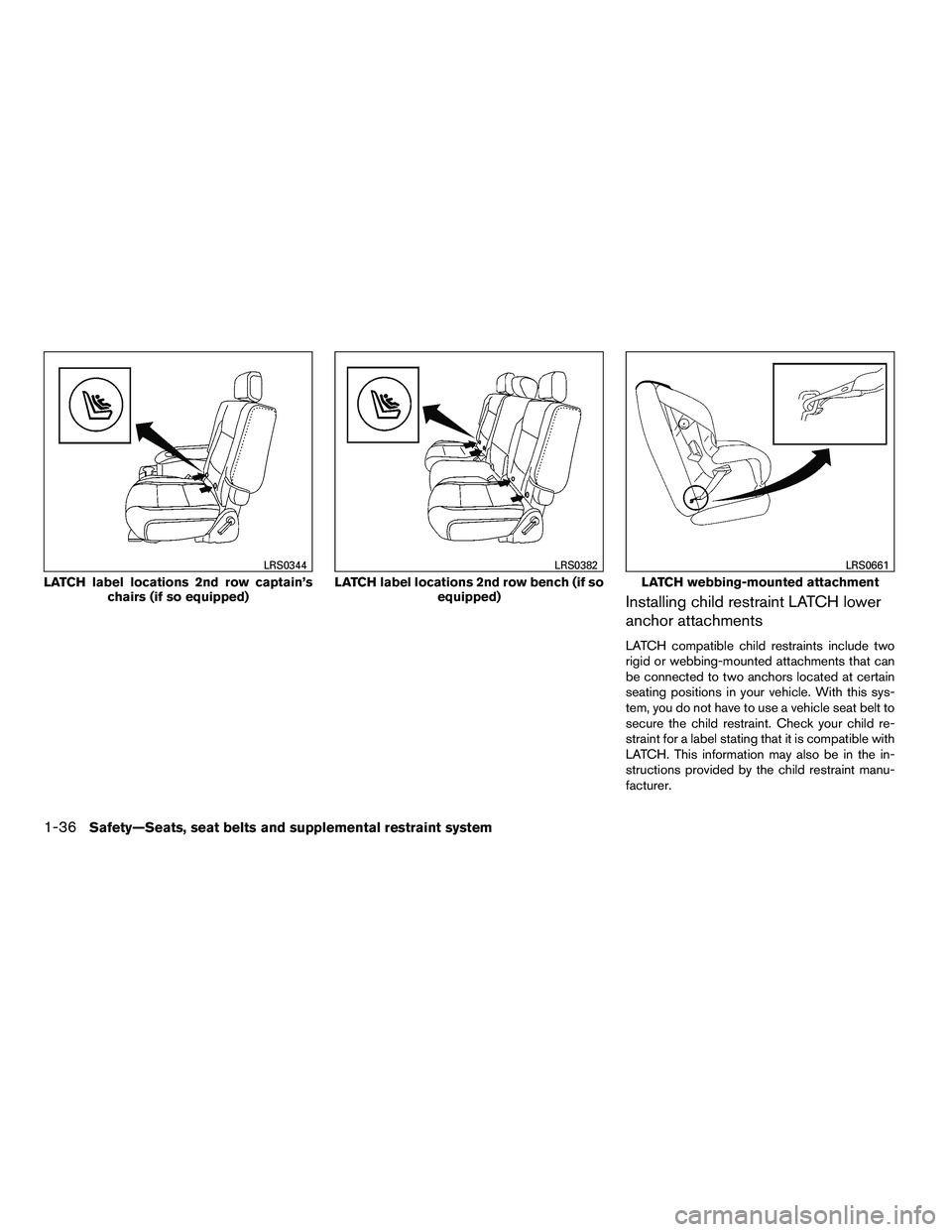 NISSAN ARMADA 2010  Owners Manual Installing child restraint LATCH lower
anchor attachments
LATCH compatible child restraints include two
rigid or webbing-mounted attachments that can
be connected to two anchors located at certain
sea