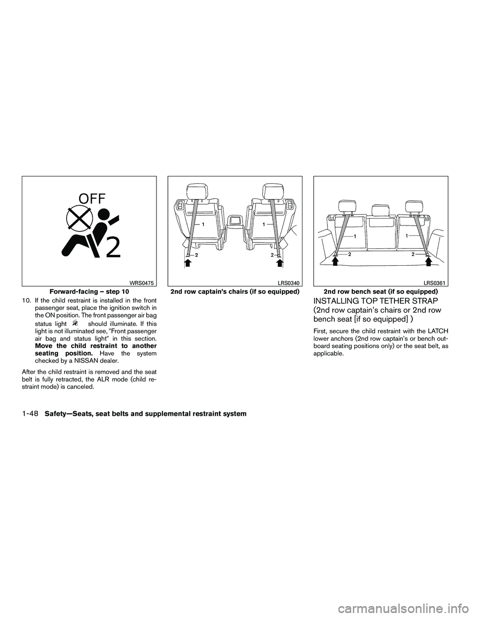 NISSAN ARMADA 2010  Owners Manual 10. If the child restraint is installed in the frontpassenger seat, place the ignition switch in
the ON position. The front passenger air bag
status light 