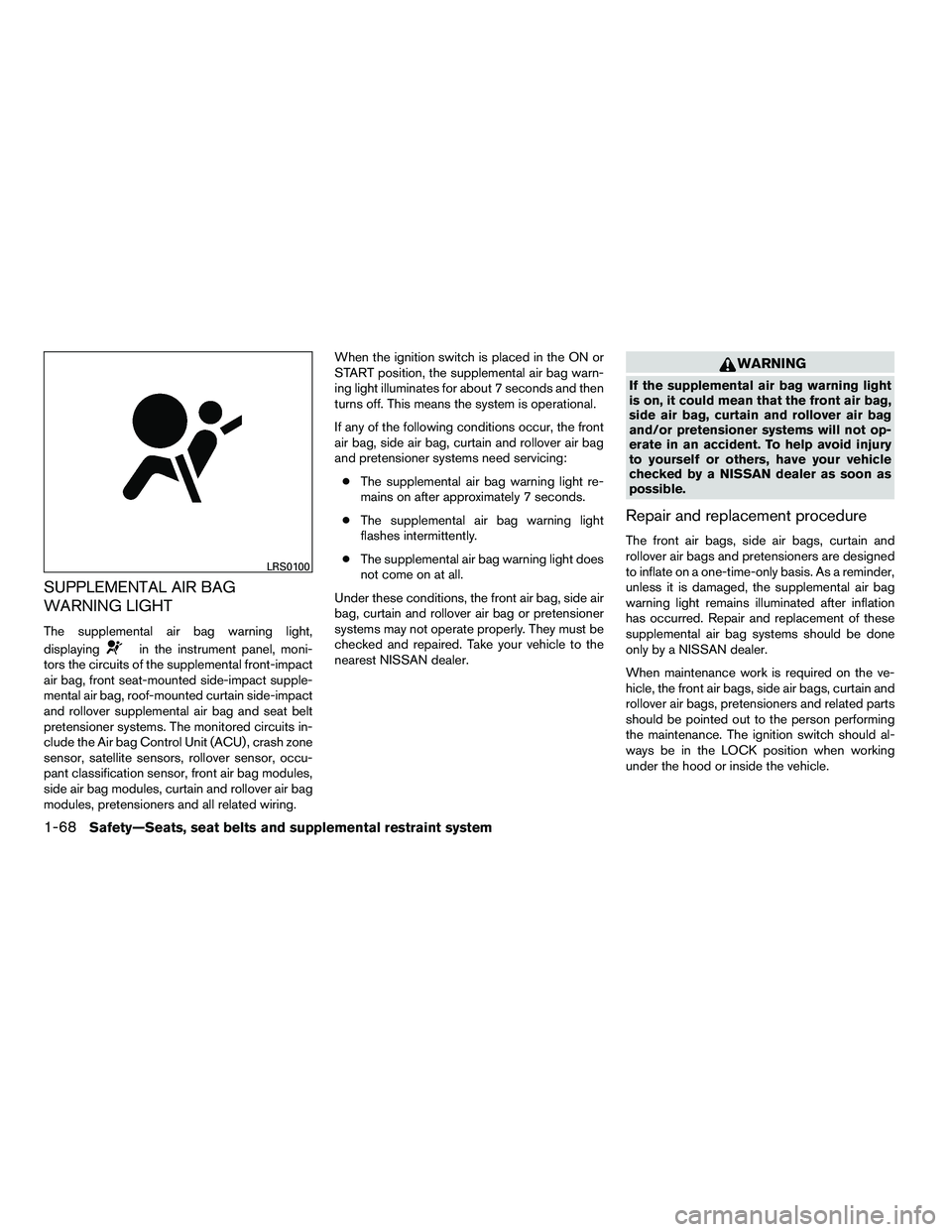 NISSAN ARMADA 2010  Owners Manual SUPPLEMENTAL AIR BAG
WARNING LIGHT
The supplemental air bag warning light,
displaying 