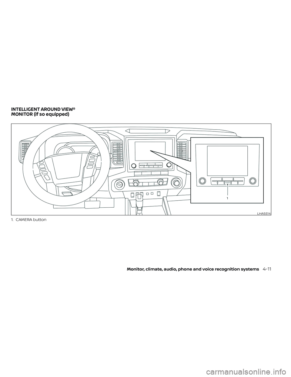 NISSAN FRONTIER 2023  Owners Manual 1. CAMERA button
LHA5514
INTELLIGENT AROUND VIEW®
MONITOR (if so equipped)
Monitor, climate, audio, phone and voice recognition systems4-11 