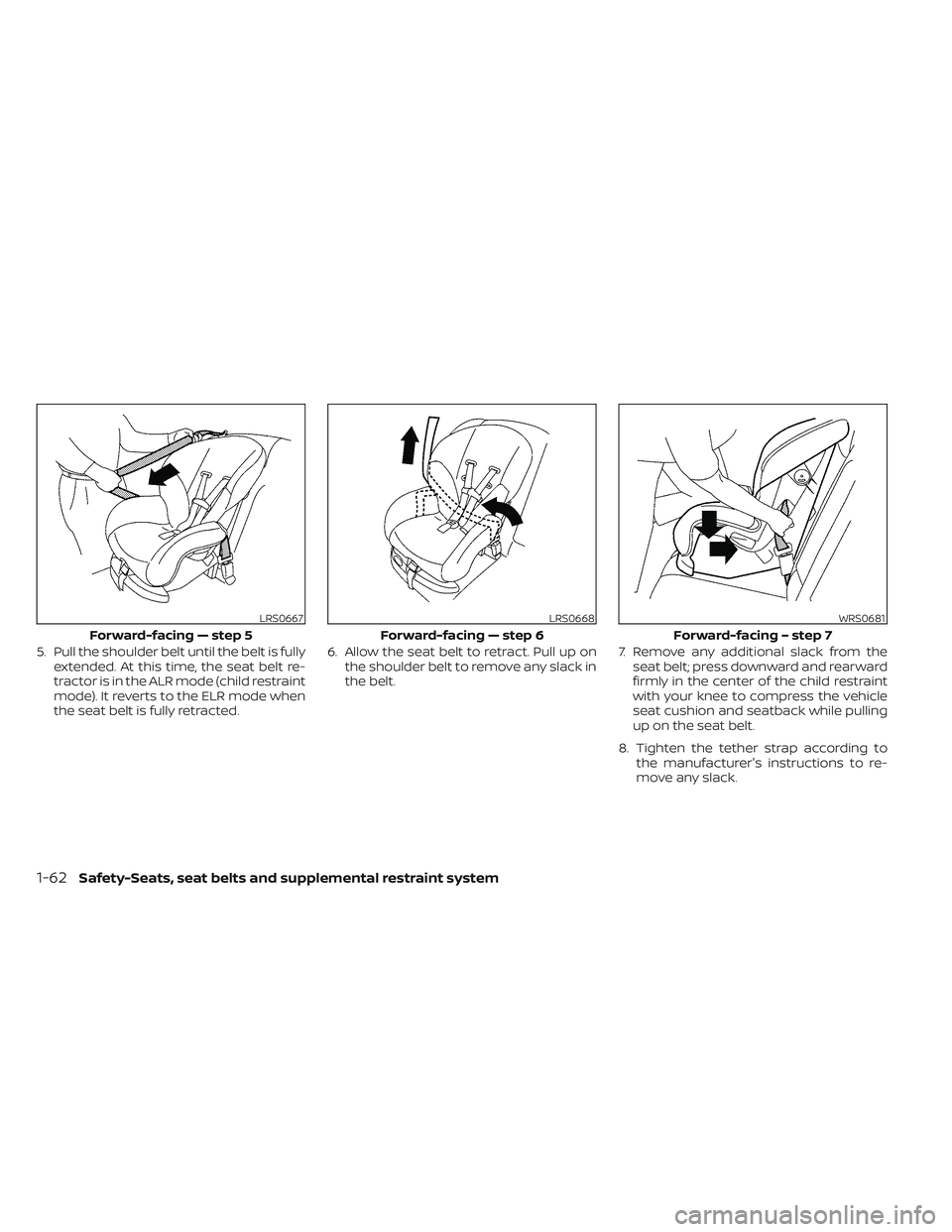 NISSAN FRONTIER 2023  Owners Manual 5. Pull the shoulder belt until the belt is fullyextended. At this time, the seat belt re-
tractor is in the ALR mode (child restraint
mode). It reverts to the ELR mode when
the seat belt is fully ret