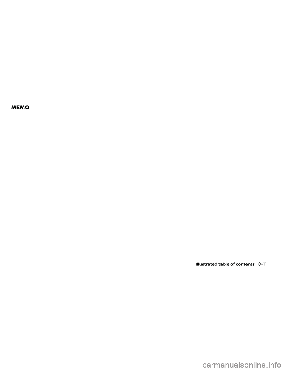 NISSAN FRONTIER 2021  Owners Manual MEMO
Illustrated table of contents0-11 