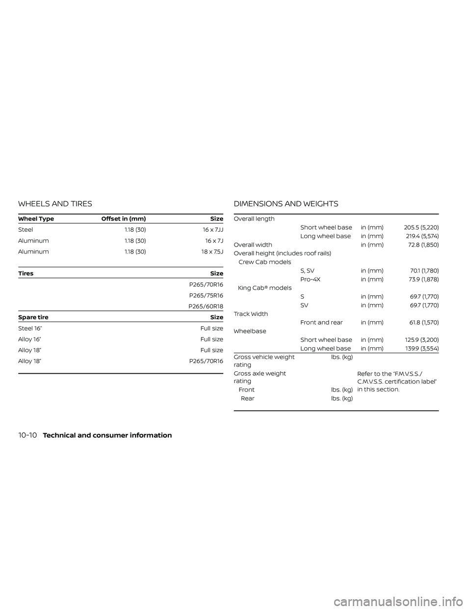 NISSAN FRONTIER 2021  Owners Manual WHEELS AND TIRES
Overall lengthShort wheel base in (mm) 205.5 (5,220)
Long wheel base in (mm) 219.4 (5,574)
Overall width in (mm) 72.8 (1,850)
Overall height (includes roof rails) Crew Cab models S, S