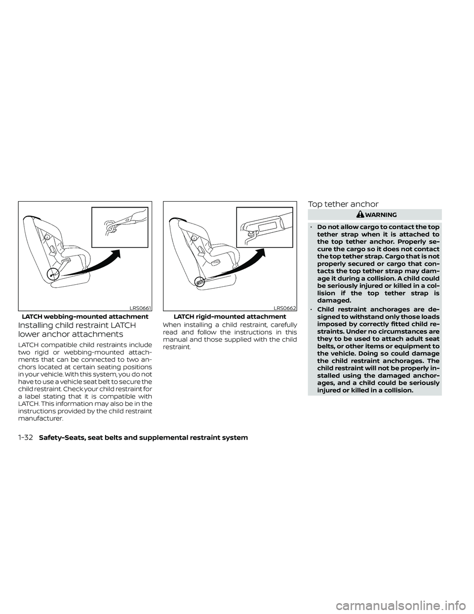 NISSAN FRONTIER 2021  Owners Manual Installing child restraint LATCH
lower anchor attachments
LATCH compatible child restraints include
two rigid or webbing-mounted attach-
ments that can be connected to two an-
chors located at certain