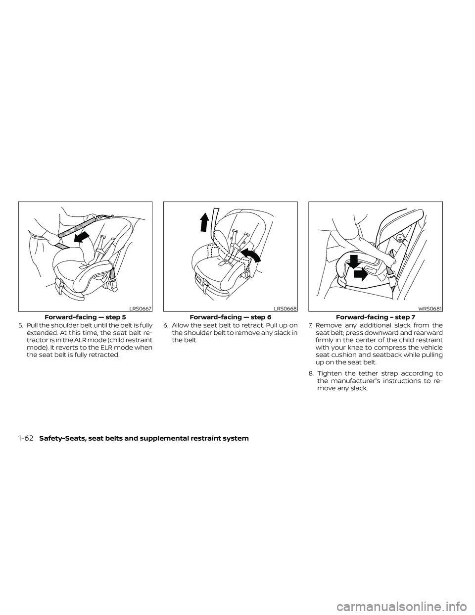 NISSAN FRONTIER 2021  Owners Manual 5. Pull the shoulder belt until the belt is fullyextended. At this time, the seat belt re-
tractor is in the ALR mode (child restraint
mode). It reverts to the ELR mode when
the seat belt is fully ret