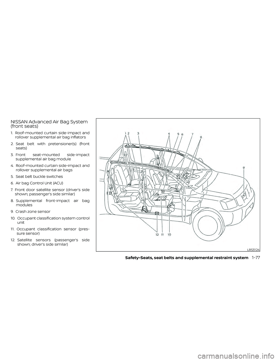 NISSAN FRONTIER 2021  Owners Manual NISSAN Advanced Air Bag System
(front seats)
1. Roof-mounted curtain side-impact androllover supplemental air bag inflators
2. Seat belt with pretensioner(s) (front seats)
3. Front seat-mounted side-i