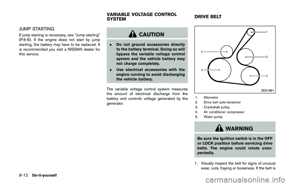 NISSAN JUKE 2018  Owners Manual CAUTION
Do not keep the starter motor engaged
for more than 10 seconds. If the engine
does not start right away, place the
ignition switch in the OFF position and
wait 10 seconds before trying again.

